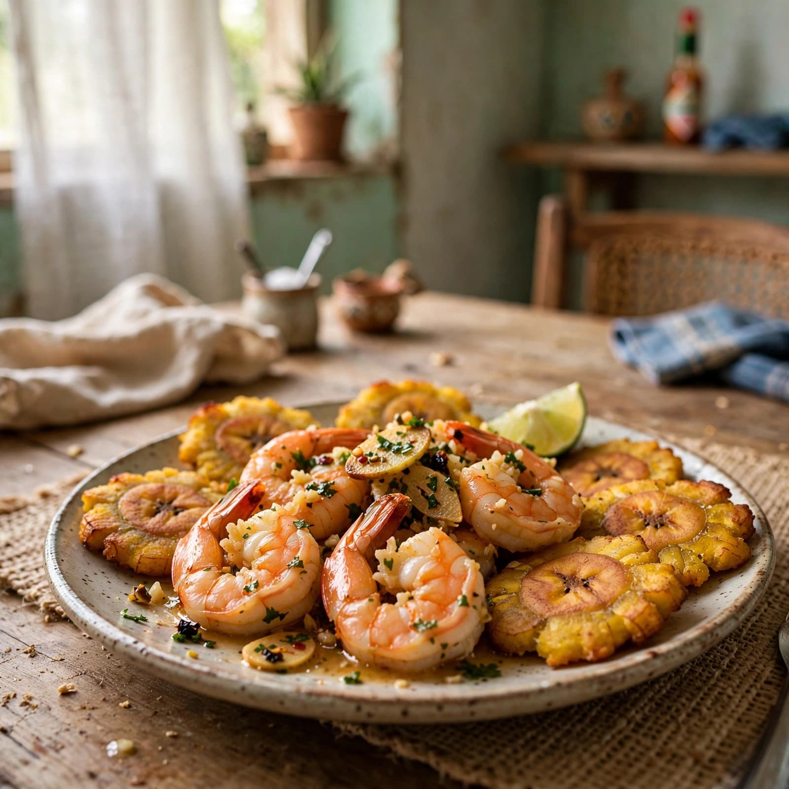 Camarones al Ajillo con Tostones al Horno