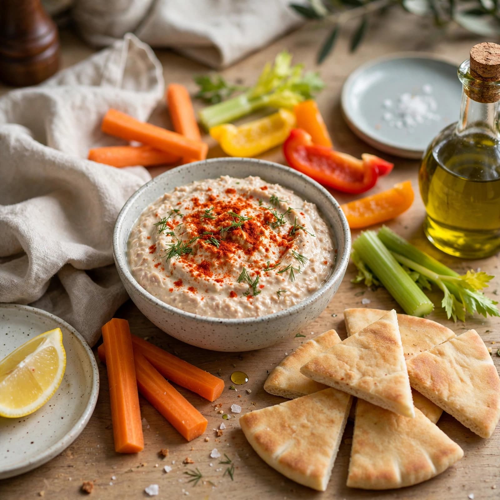 Dip de Atún con Crudités y Pan Pita