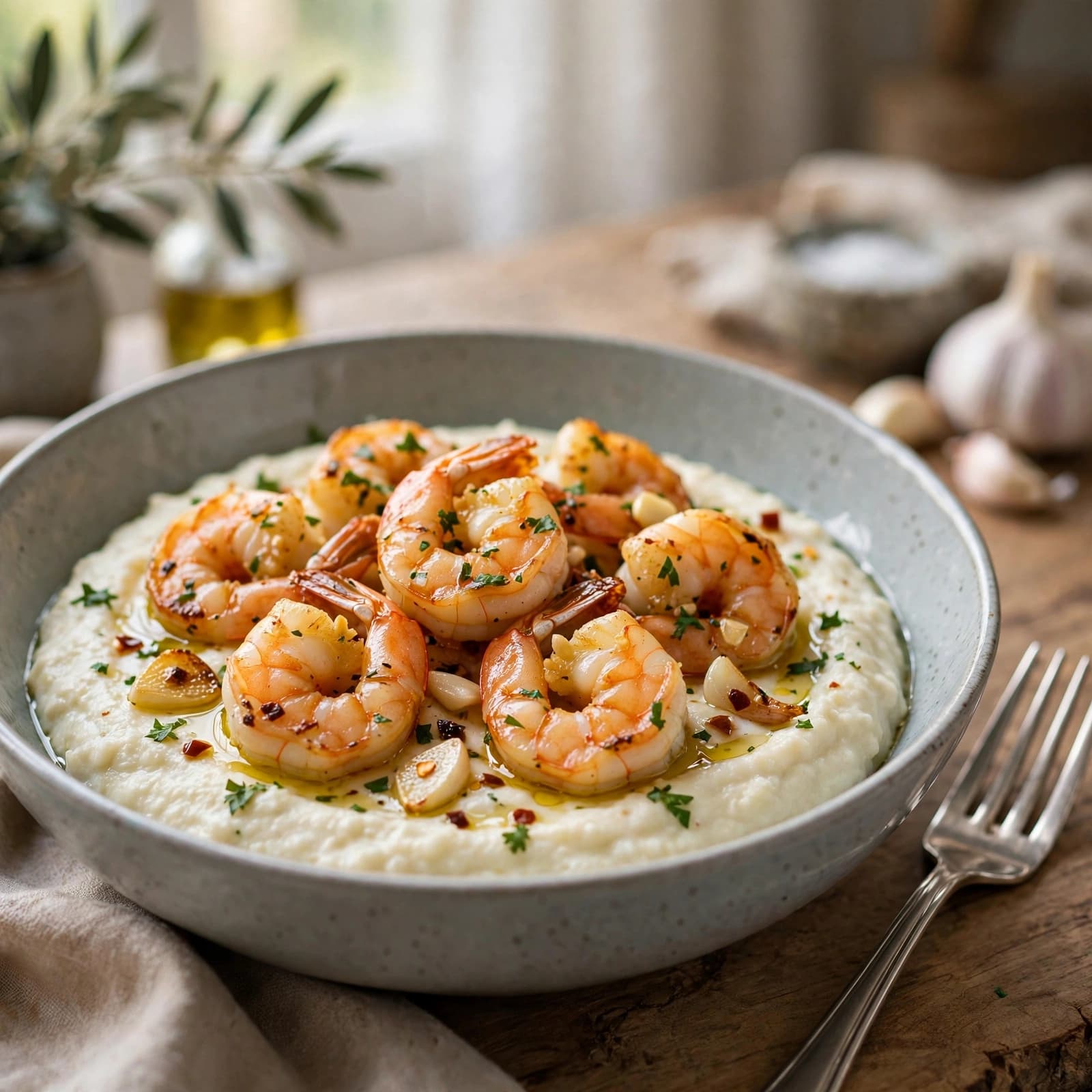 Camarones al Ajillo con Puré de Coliflor