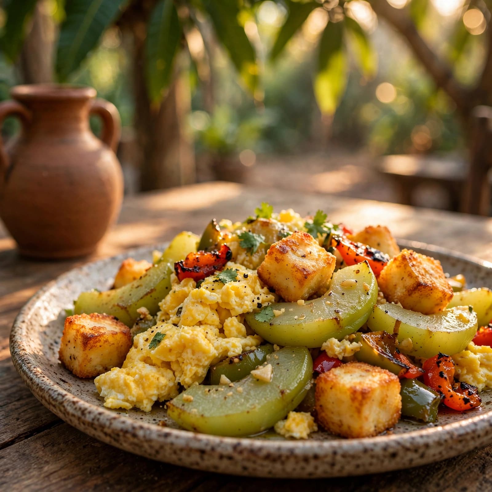 Revuelto de Huevos con Tayota y Queso de Freír